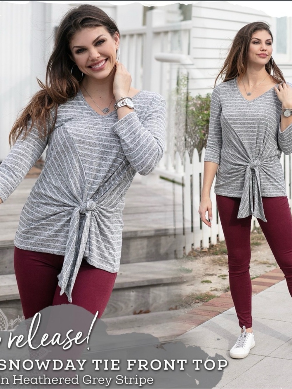 Grace @ Lace 3/4 sleeve Grey Stripe Tie-Front Knit Top